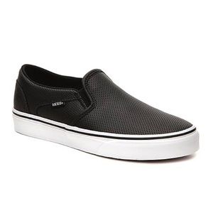 Vans black leather slip ons
